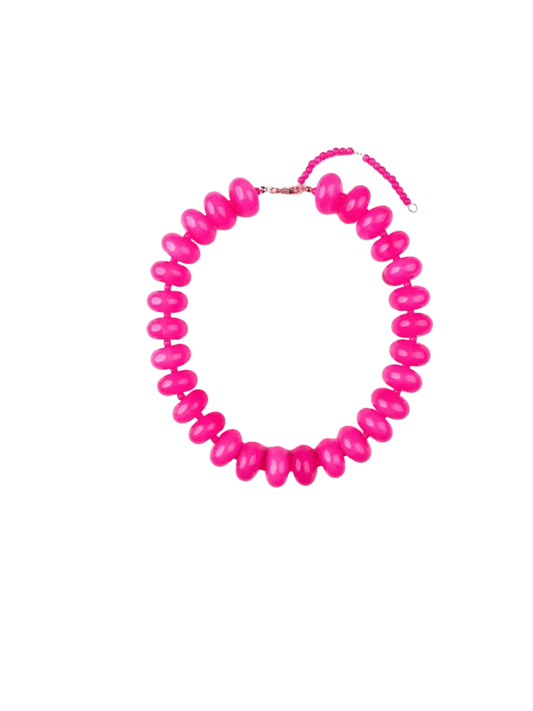 Bright pink acrylic necklace with large rounded beads and an adjustable lobster clasp.