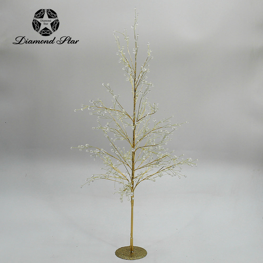 Gold decorative Christmas tree with shimmering branches and clear crystal-like accents.