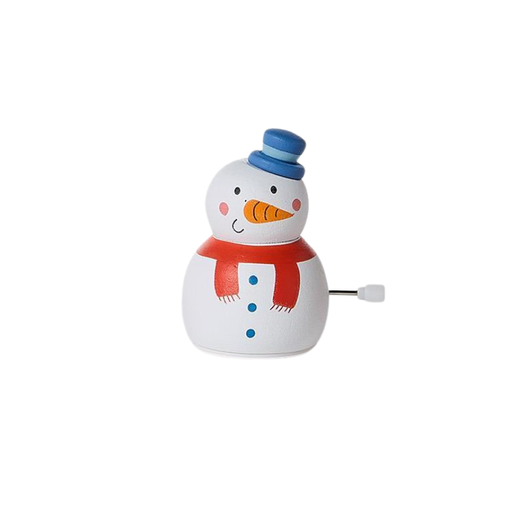 Wooden wind-up spinning snowman toy with a blue hat, orange carrot nose, and red scarf.