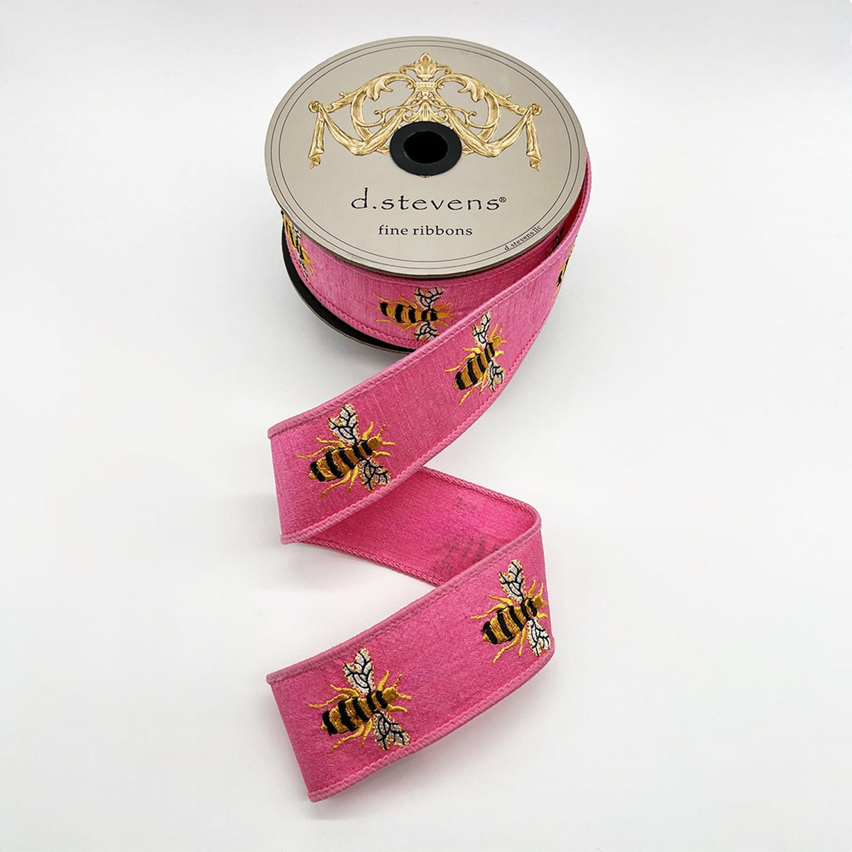 Yellow Dupion ribbon with black embroidered honey bee patterns.