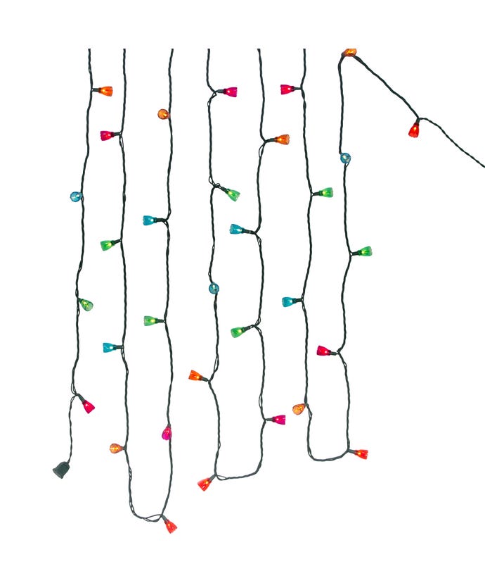 Set of ten multicolored tulip-shaped plastic lights with copper accents on a green wire.