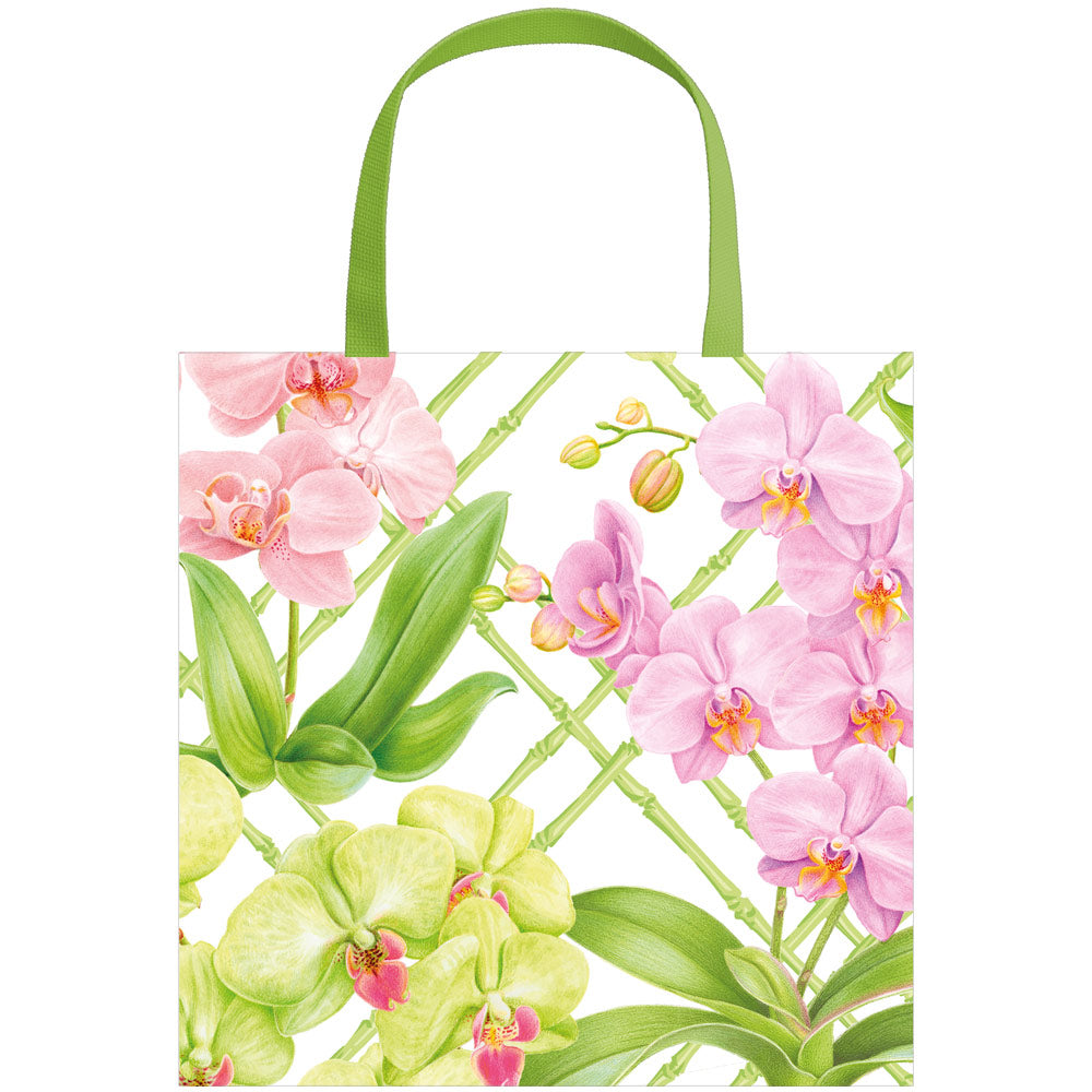 Small square gift bag with a strong handle featuring an orchid conservatory print on durable paper.