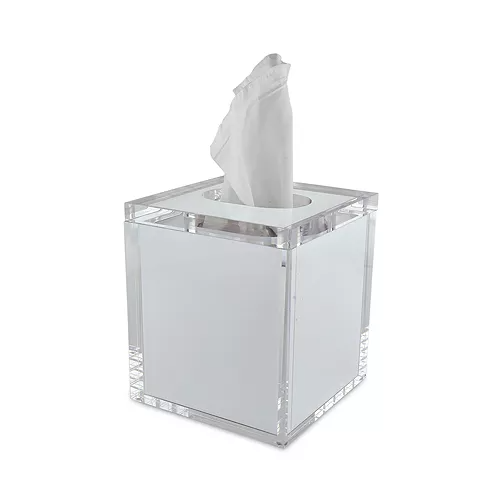White Lucite tissue box with lid featuring a clean rectangular silhouette.