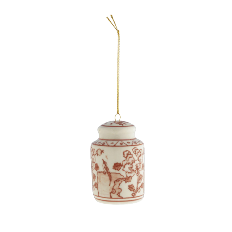Hand-painted burgundy and white stoneware ginger jar ornament with bird and floral design.