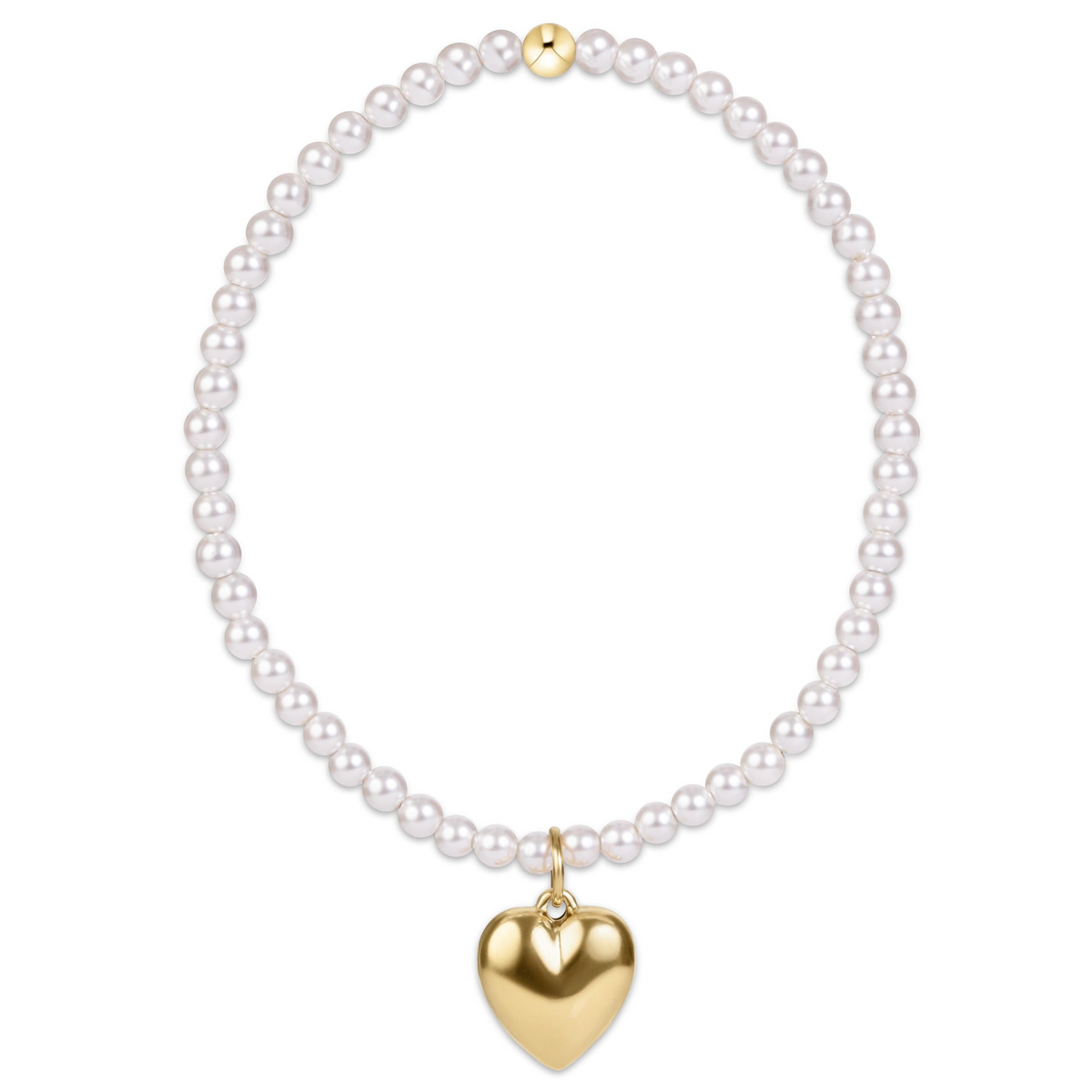 Classic 3mm pearl bead bracelet featuring a 14kt gold-filled heart-shaped charm.