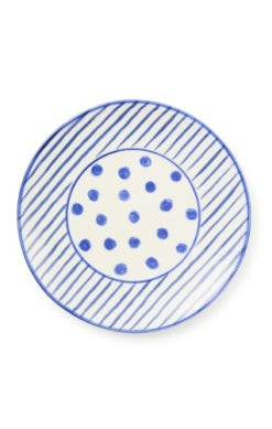 Go Fish Salad Plate featuring a white center with blue polka dots and a blue striped border.