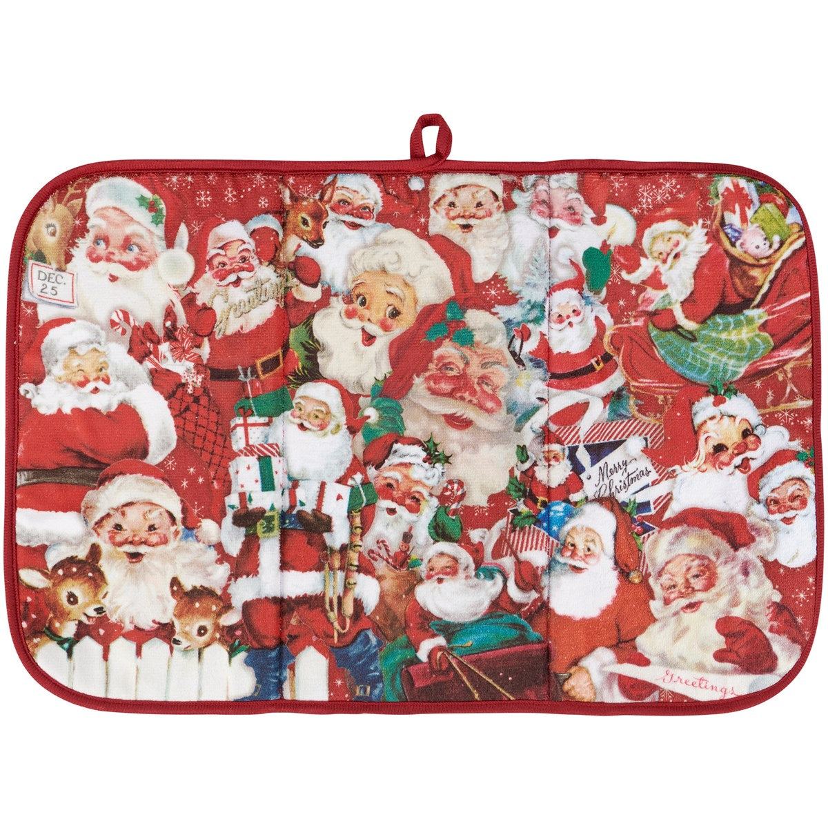 Retro Santa drying mat with red and white striped trim on a foam polyester surface.
