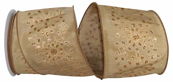 4 inch wide gold filigree dupioni glitter jeweled wired edge ribbon on a 10 yard spool.
