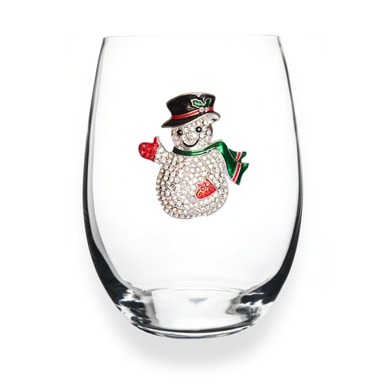 Handcrafted stemless wine glass with jeweled embellishments around the rim in clear crystal.