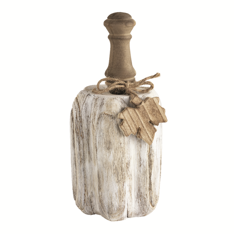 Wooden baluster pumpkin with carved pine stem in rustic brown