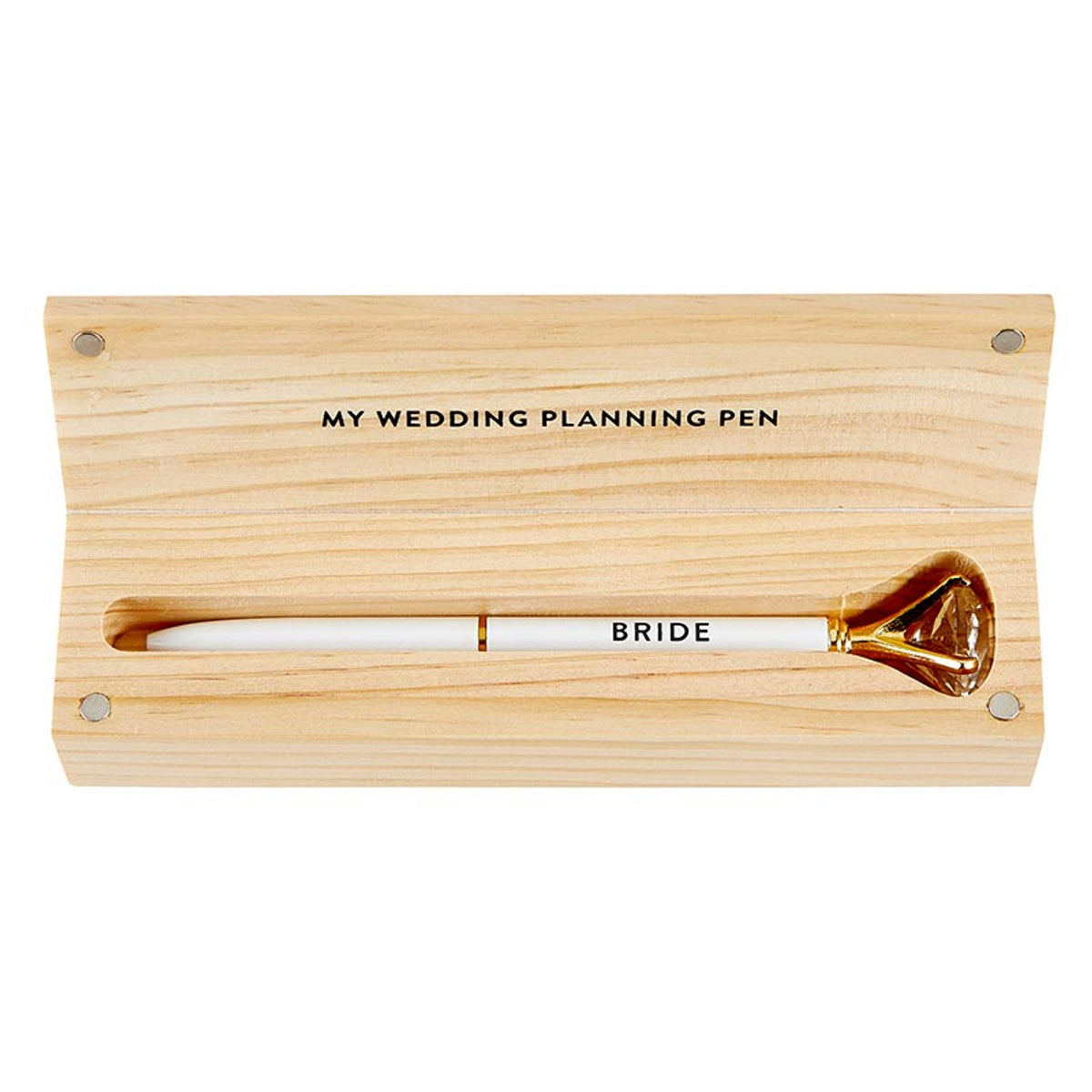 White gem-topped pen with 'BRIDE' text in a wooden box engraved with 'MY WEDDING PLANNING PEN'.