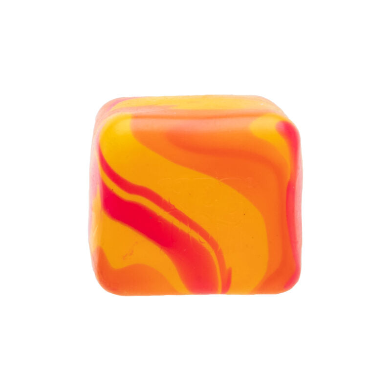 A square NeeDoh Nice Cube with a vibrant orange, yellow, and pink swirling color pattern.