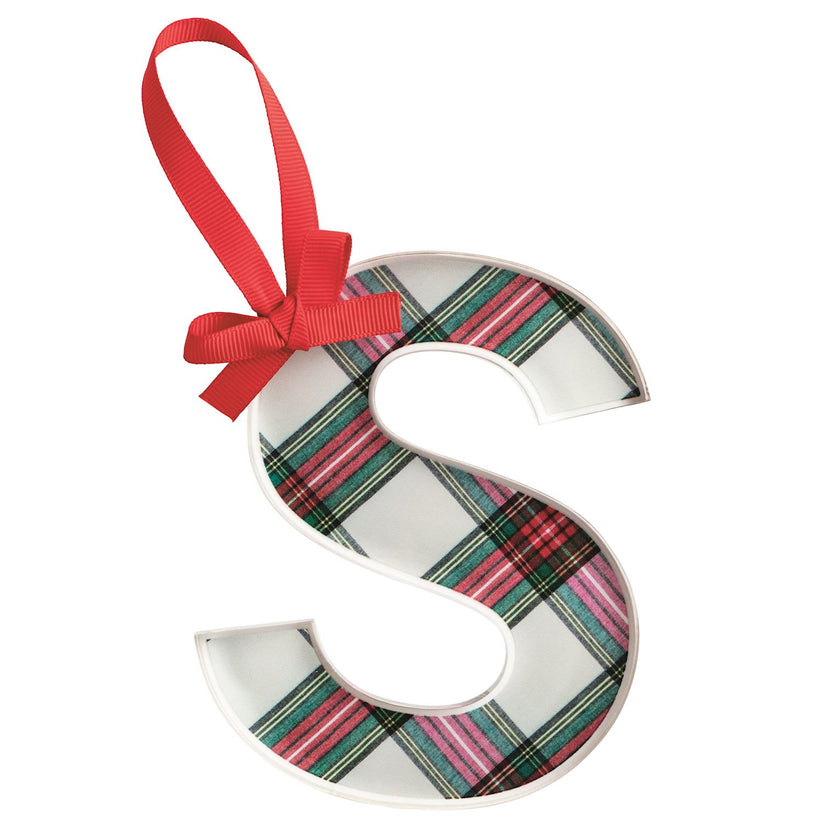 Acrylic tartan letter ornament with grosgrain ribbon hanger