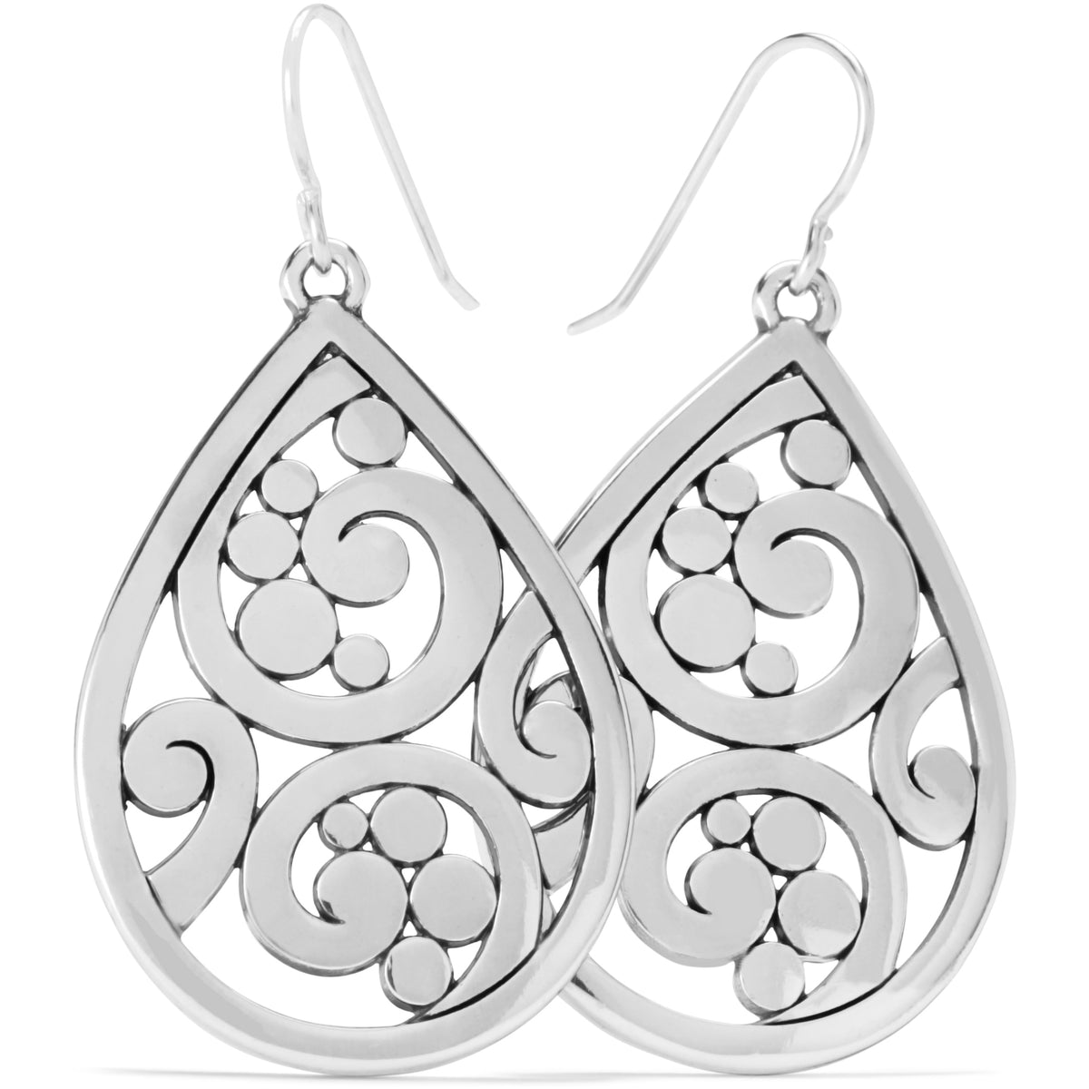 Silver plated Contempo Teardrop French Wire Earrings with intricate scroll and dot cutouts.