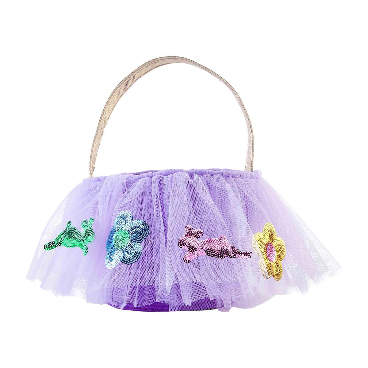 Easter Tutu Basket with pink tulle lining, white handle, and polka dot pattern.