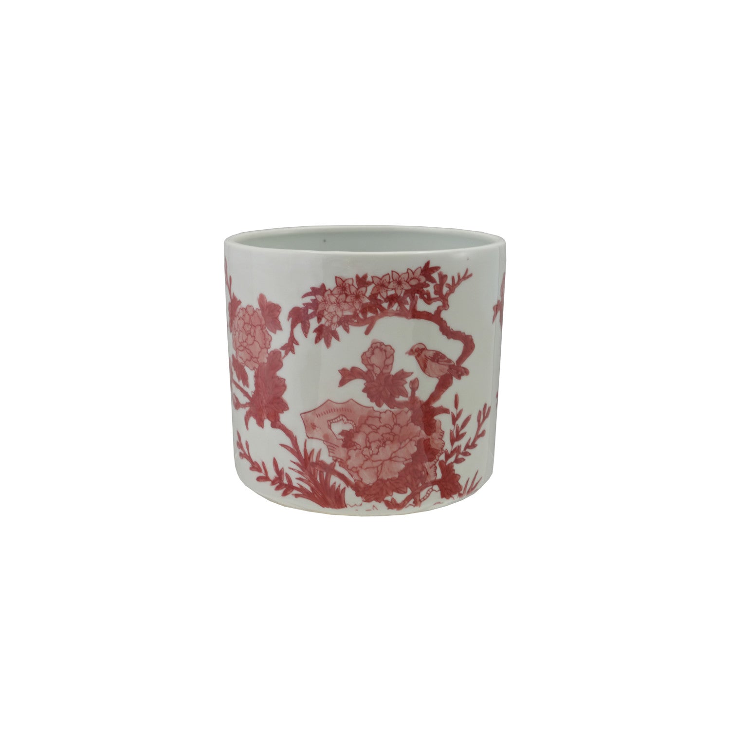 Hand-painted white stoneware planter with red botanical and bird patterns.