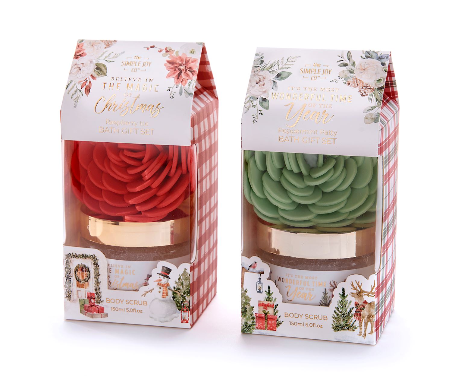 PET bottle with PP lid containing scented body scrub next to a flower-patterned EVA sponge.