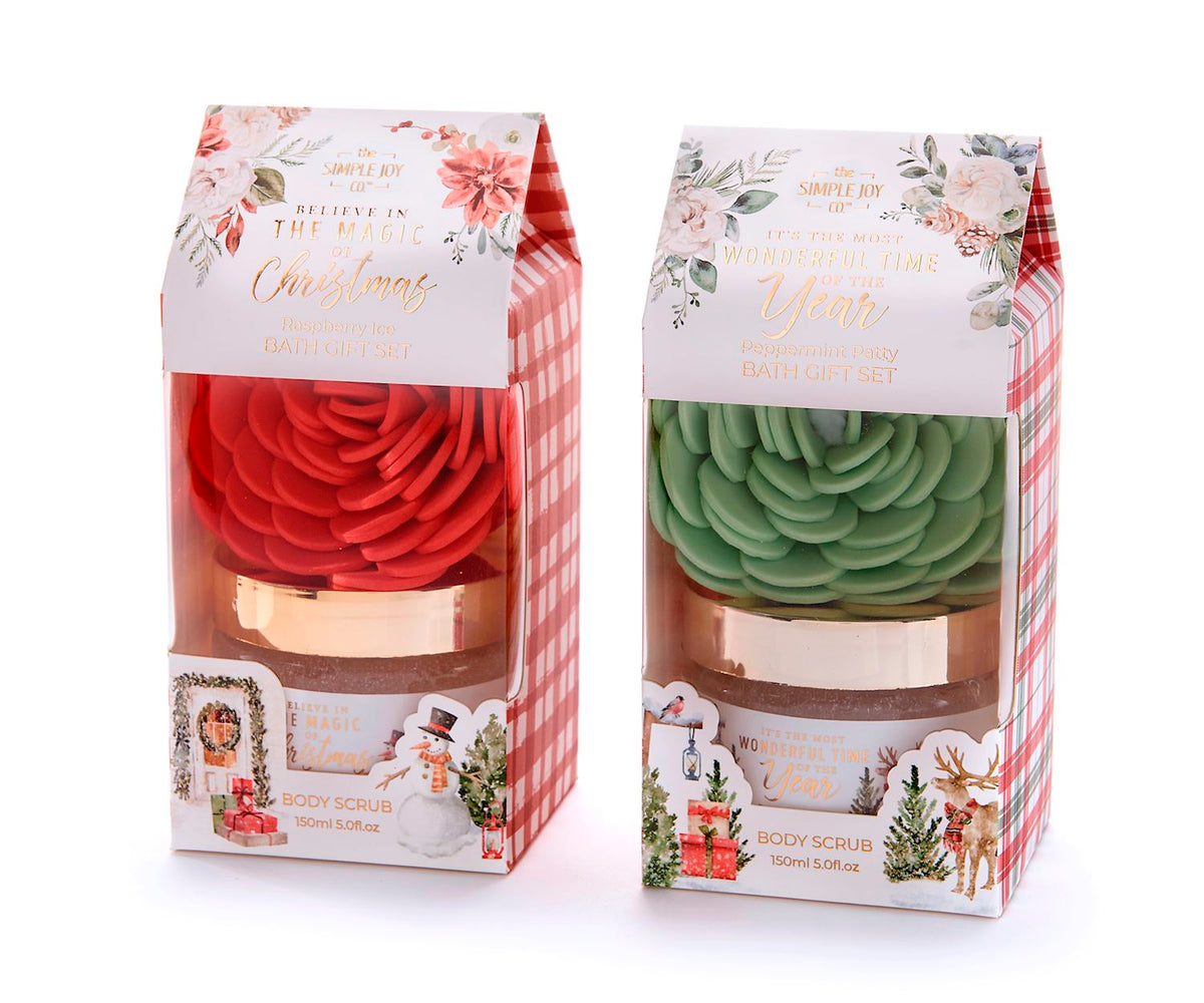 PET bottle with PP lid containing scented body scrub next to a flower-patterned EVA sponge.