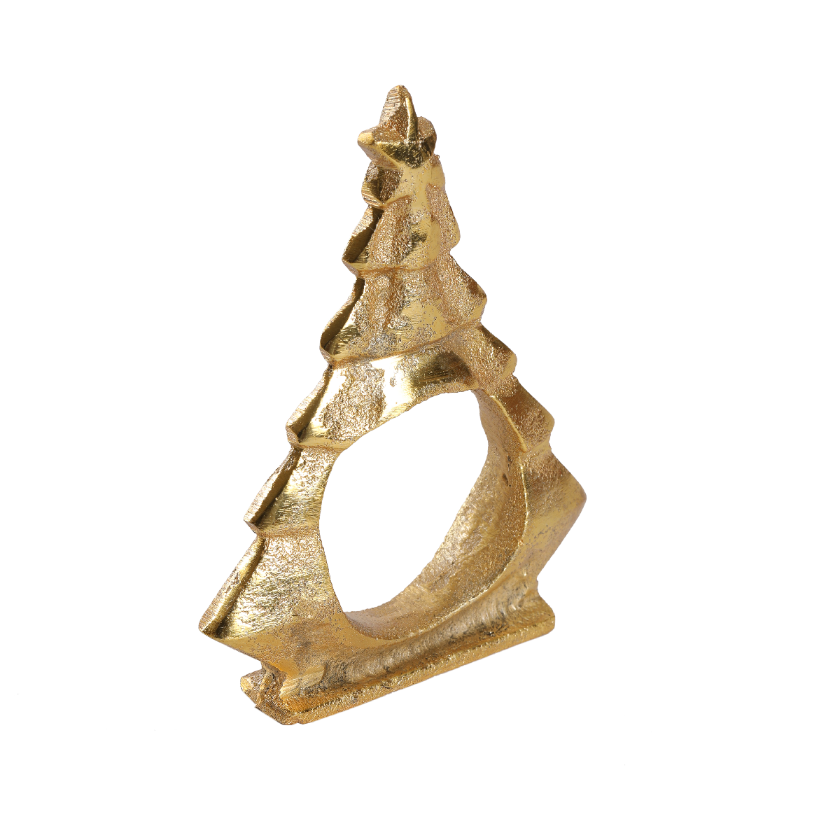 Gold textured Christmas tree napkin ring with a star on top and a circular opening.