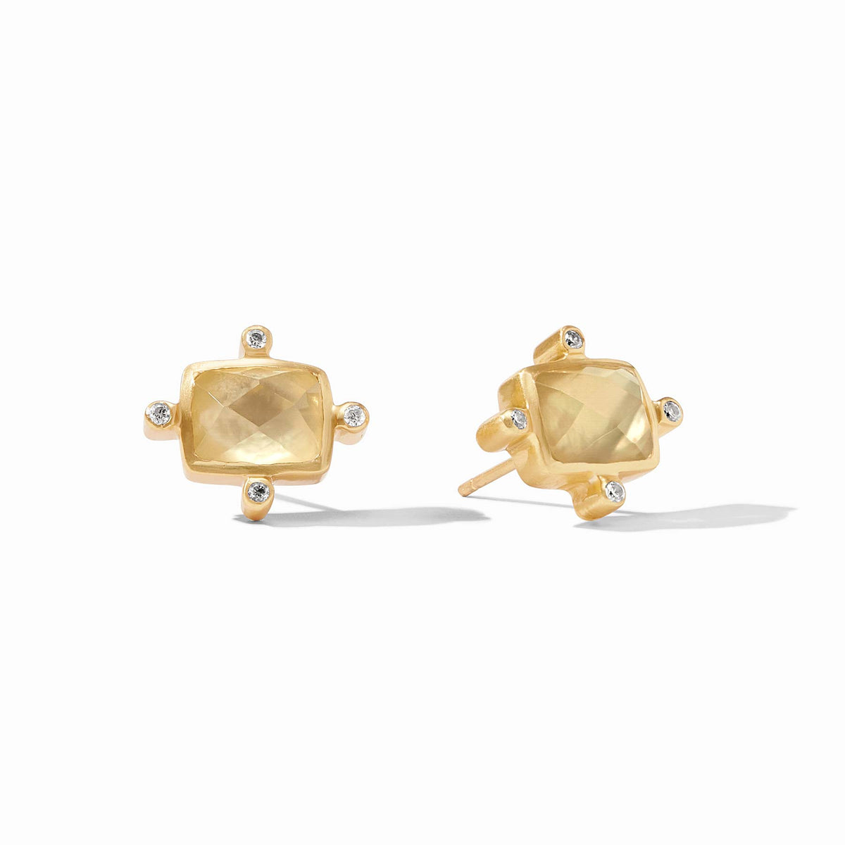 Clara Stud Gold earrings featuring a mother-of-pearl center with cubic zirconia accents on gold-plated posts.