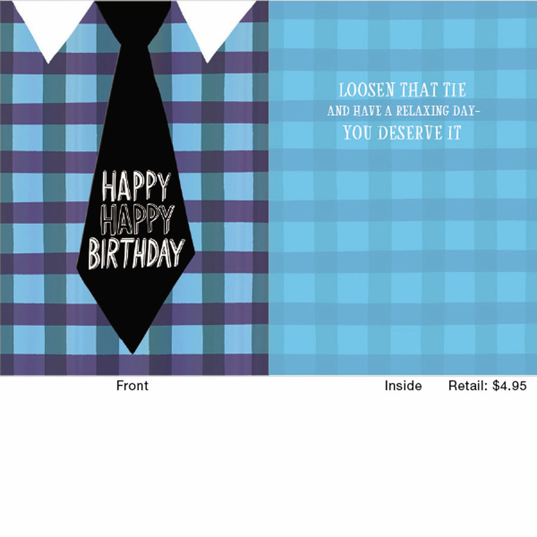 Happy Birthday plaid tie featuring a red, green, and cream checkered pattern with a classic silk silhouette.