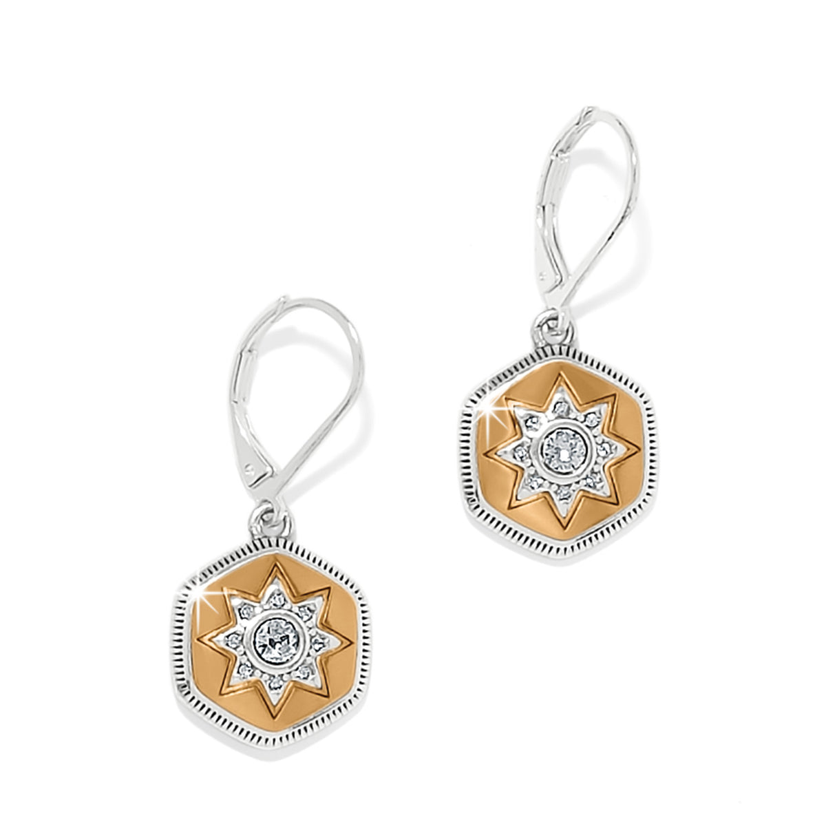 Silver-gold two-tone leverback earrings featuring fine quality crystals with a post closure.
