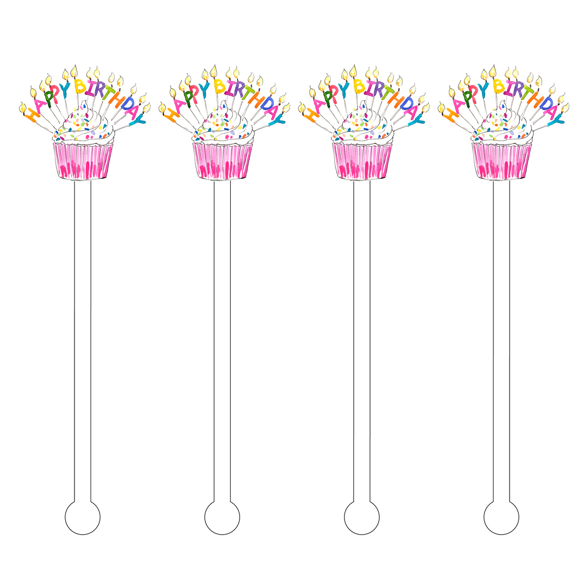Set of four acrylic stir sticks featuring a pink cupcake with sprinkles and Happy Birthday candles.