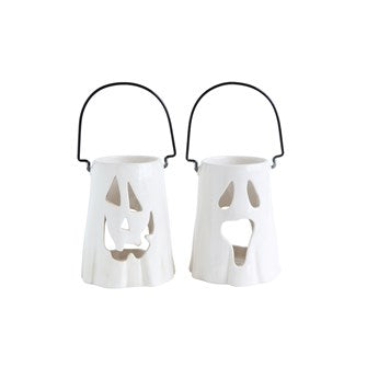 White ceramic ghost lantern with a round silhouette.