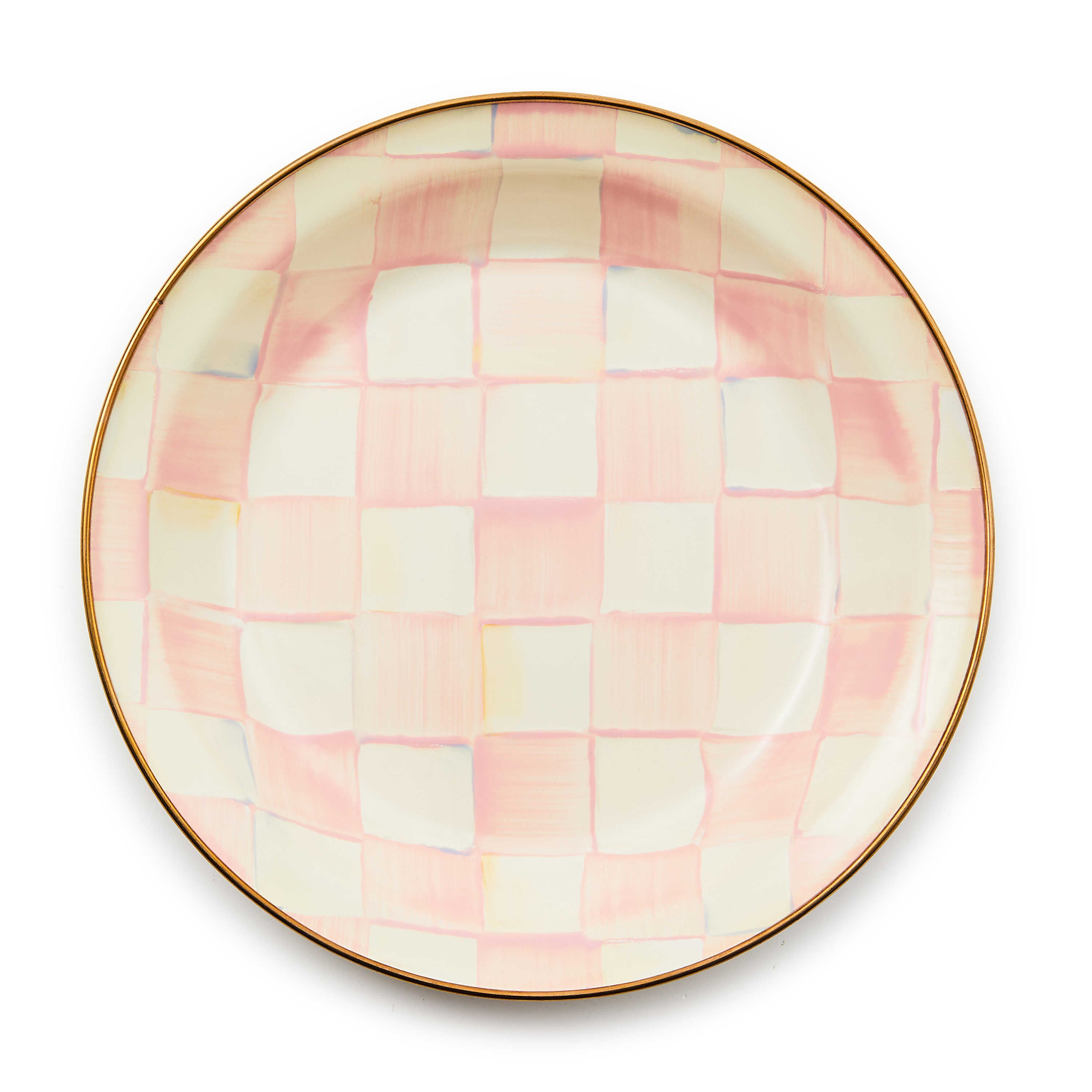 Top view of a round pie plate with a hand-painted pink and white checkered pattern and bronze rim.