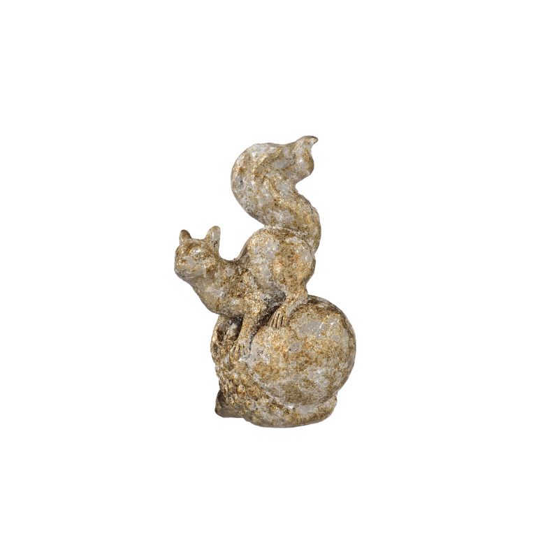 6.5-inch resin squirrel figurine with a sparkling gold and silver finish perched on a pine cone.