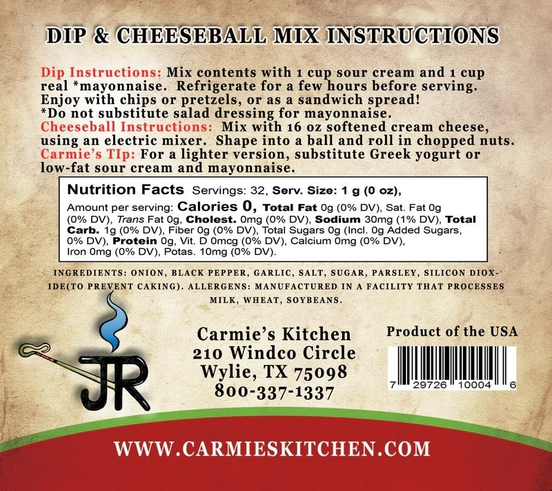Jar of JR's Ranch Dip with visible black pepper specks in creamy ranch seasoning mix.