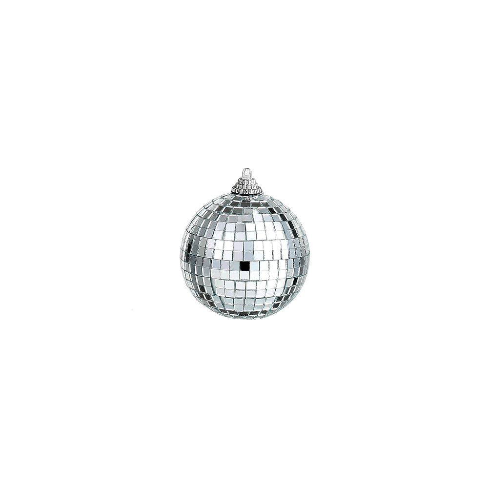 Spherical silver disco ball Christmas ornament with a mirrored tile pattern.