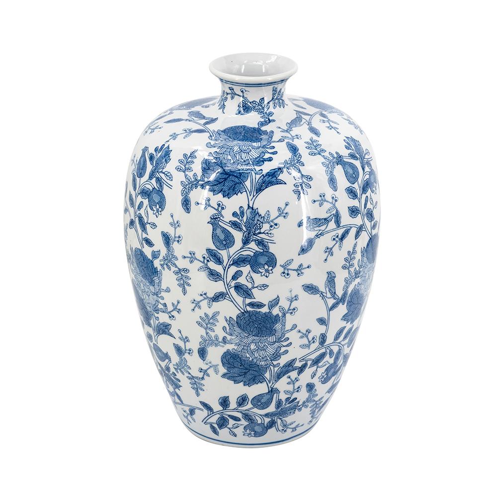 Round white porcelain vase with blue floral motifs on a wide flared opening
