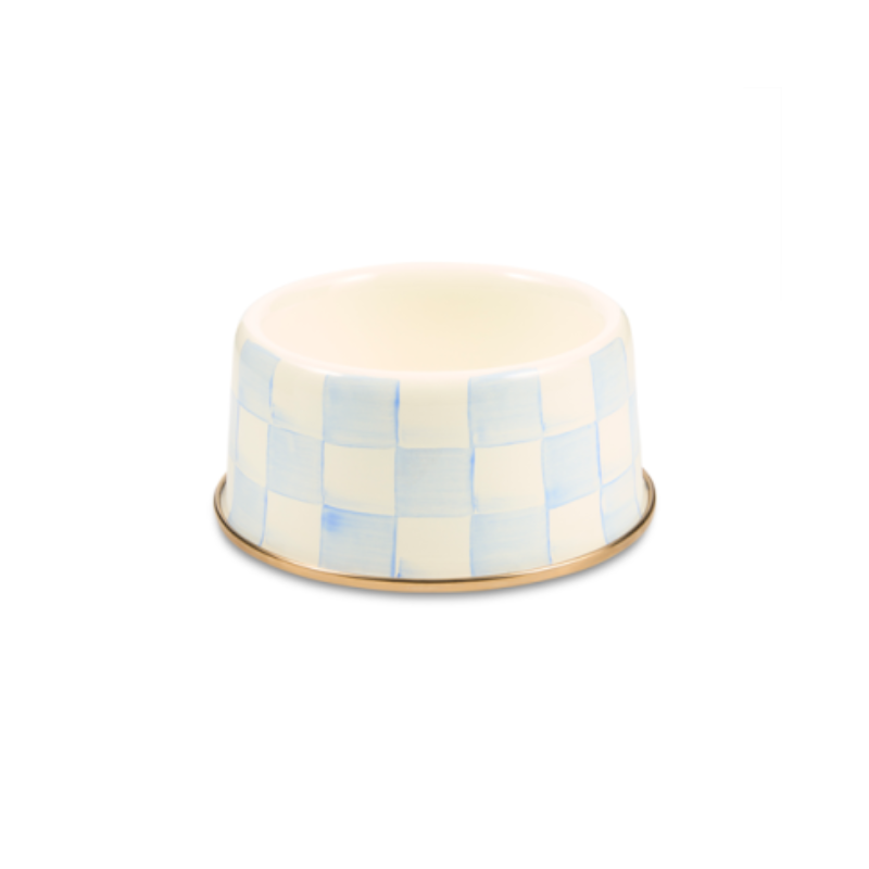 Sky Check Medium Pet Dish featuring a light blue and white hand-painted checkered pattern.
