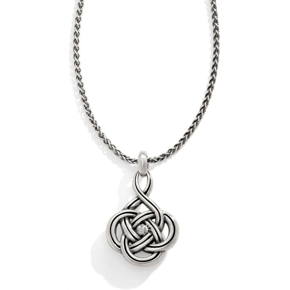 Silver plated adjustable necklace featuring an interlocking Celtic knot pendant with a crystal finish.