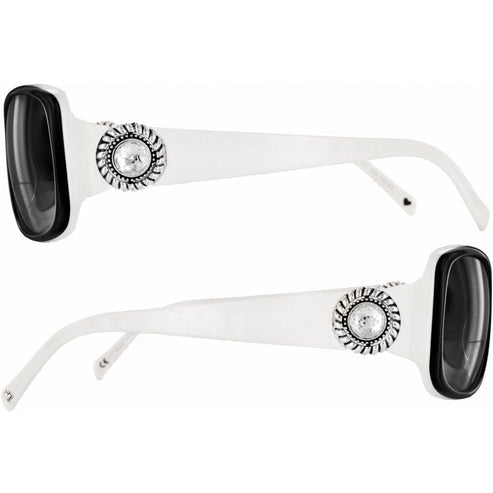 Square black sunglasses with white accents featuring fine quality crystal detailing