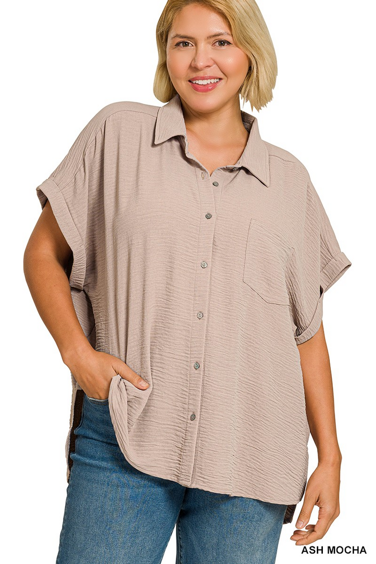 Plus size ash mocha woven airflow button down shirt with short sleeves and a chest pocket.