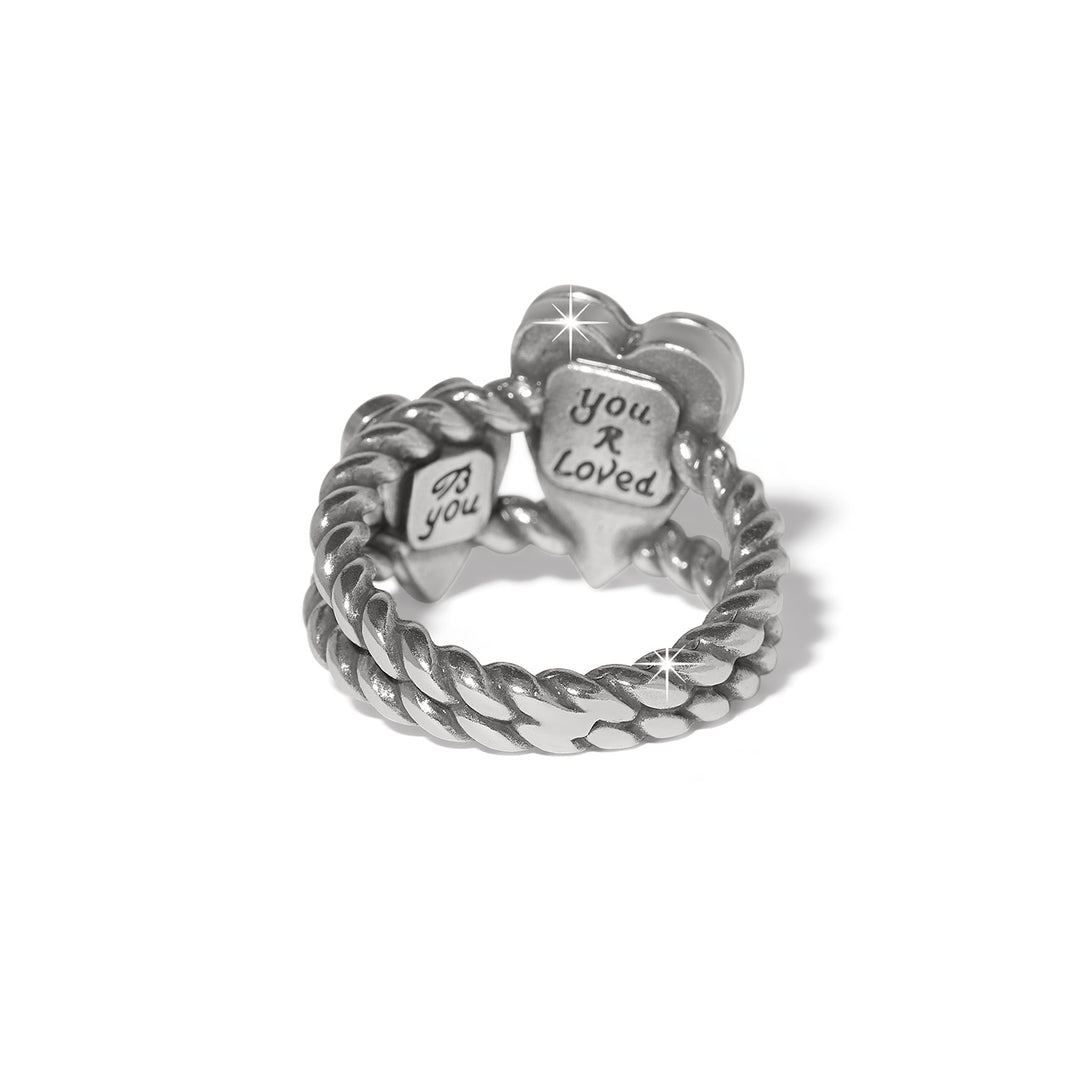 Silver-plated ring with enamel finish featuring a large blue heart and small silver-blue crystal hearts.