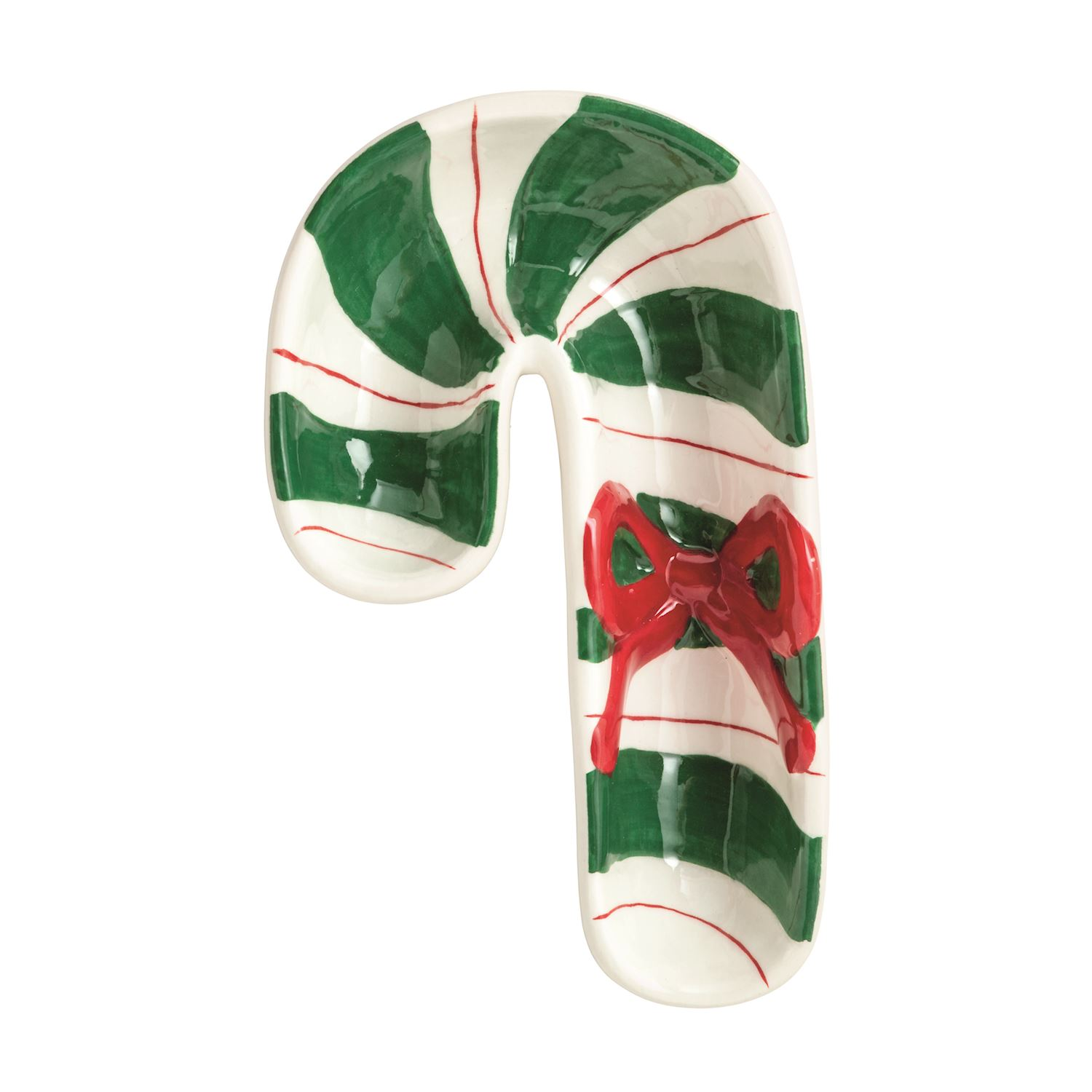 Hand-painted ceramic candy cane tidbit dish with green stripes and a raised red bow.