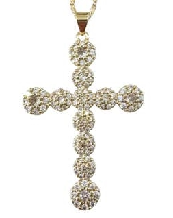 18k gold plated 1 inch cross charm with cubic zirconia cluster details on a gold chain.