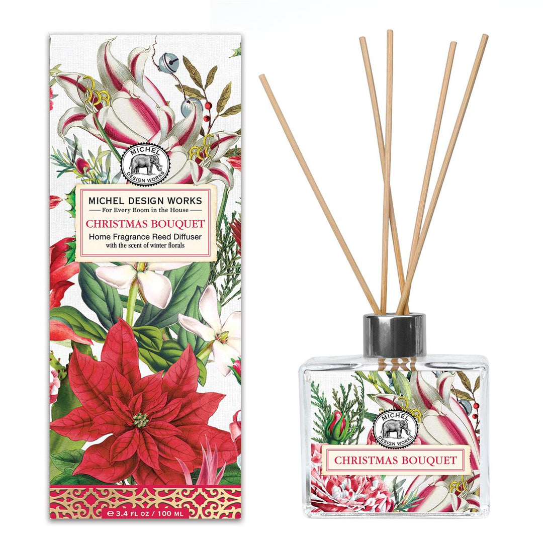 Glass reed diffuser bottle with neutral-toned fragrance oil and wooden sticks