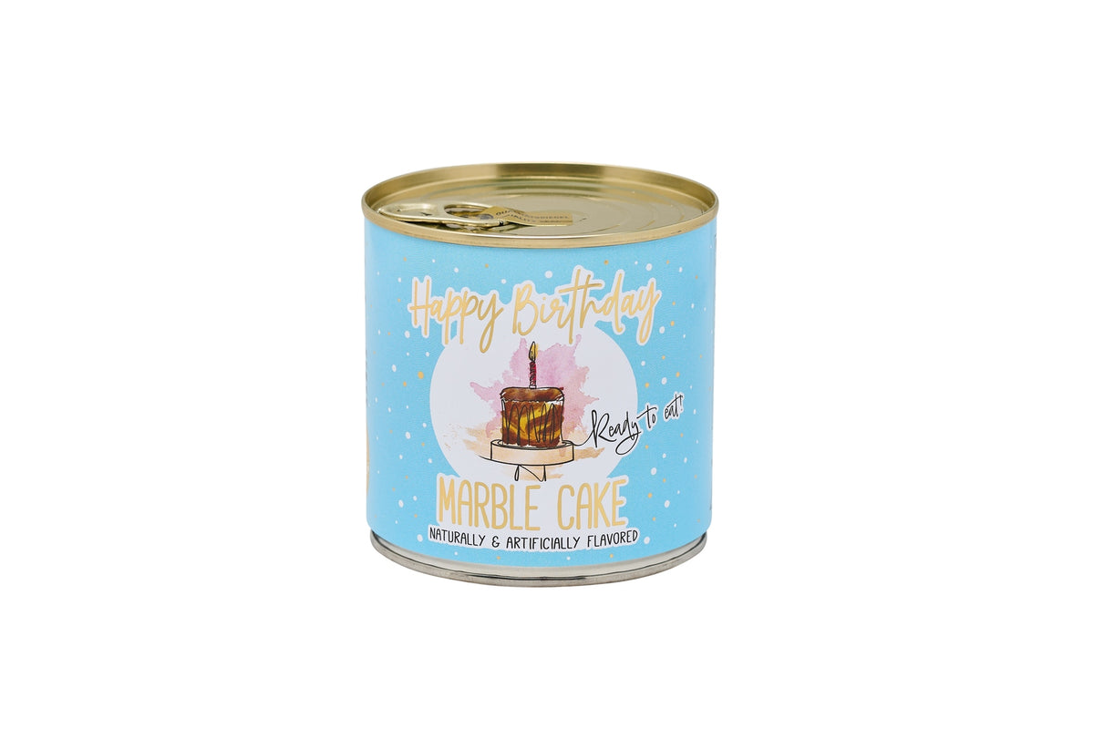 Blue can of Happy Birthday Marble Cake with a pull-tab lid and a cake illustration.