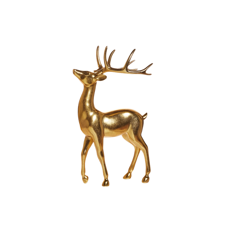 20.5-inch tall gold resin deer figurine standing with head tilted up and large antlers.