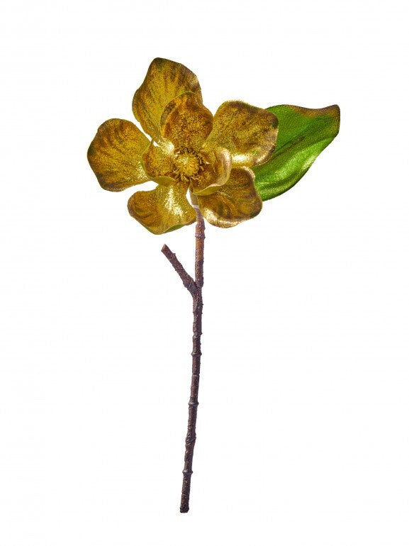 17-inch metallic gold glitter magnolia stem with a green leaf and brown textured branch.