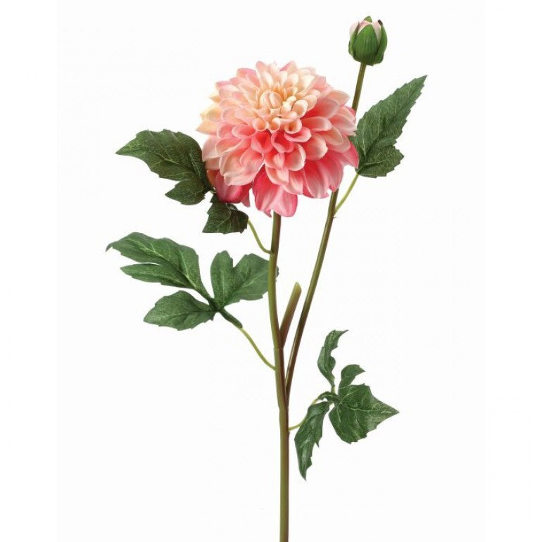 Artificial garden dahlia spray with multiple blooms in pink petals arranged on a green stem.