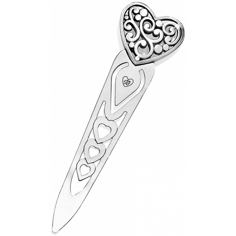 Silver plated heart-shaped bookmark with a contempo finish.