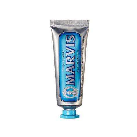 Marvis Aquatic Mint Toothpaste in a 25ml silver tube with a blue label and cap.