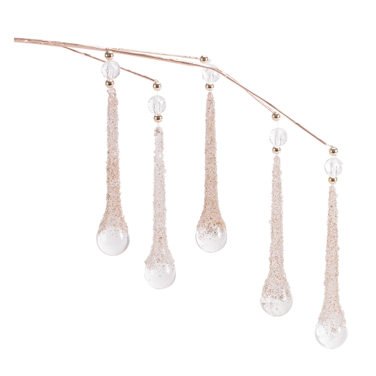 26-inch Drop Spray featuring five shimmering, frosted teardrop ornaments on a rose gold stem.