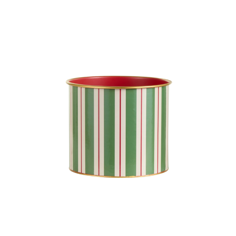 Yuletide Stripes Decorative Bucket with green, white, and red vertical stripes and a red interior.