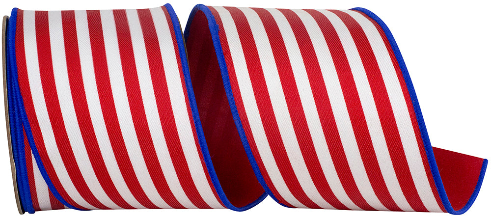 4 inch wide red and white striped twill ribbon with a blue wired edge and dupioni backing.